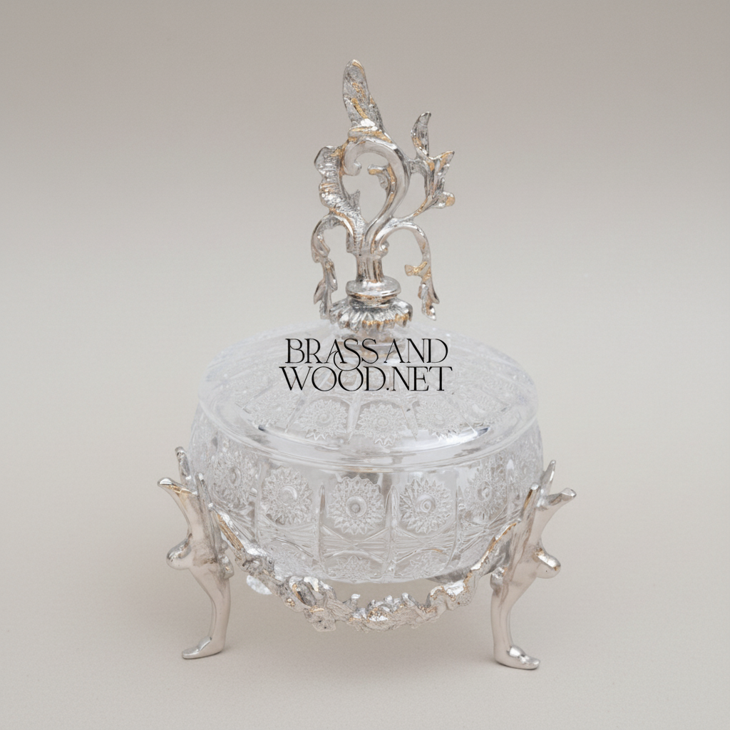 Rococo Crystal Bonbonniere with Brass Acanthus Finial & Scrolled Legs — Silver