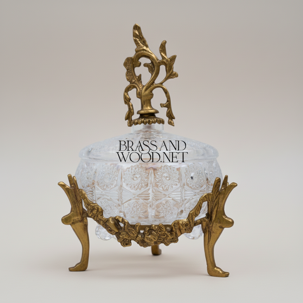 Rococo Crystal Bonbonniere with Brass Acanthus Finial & Scrolled Legs — Antique Gold