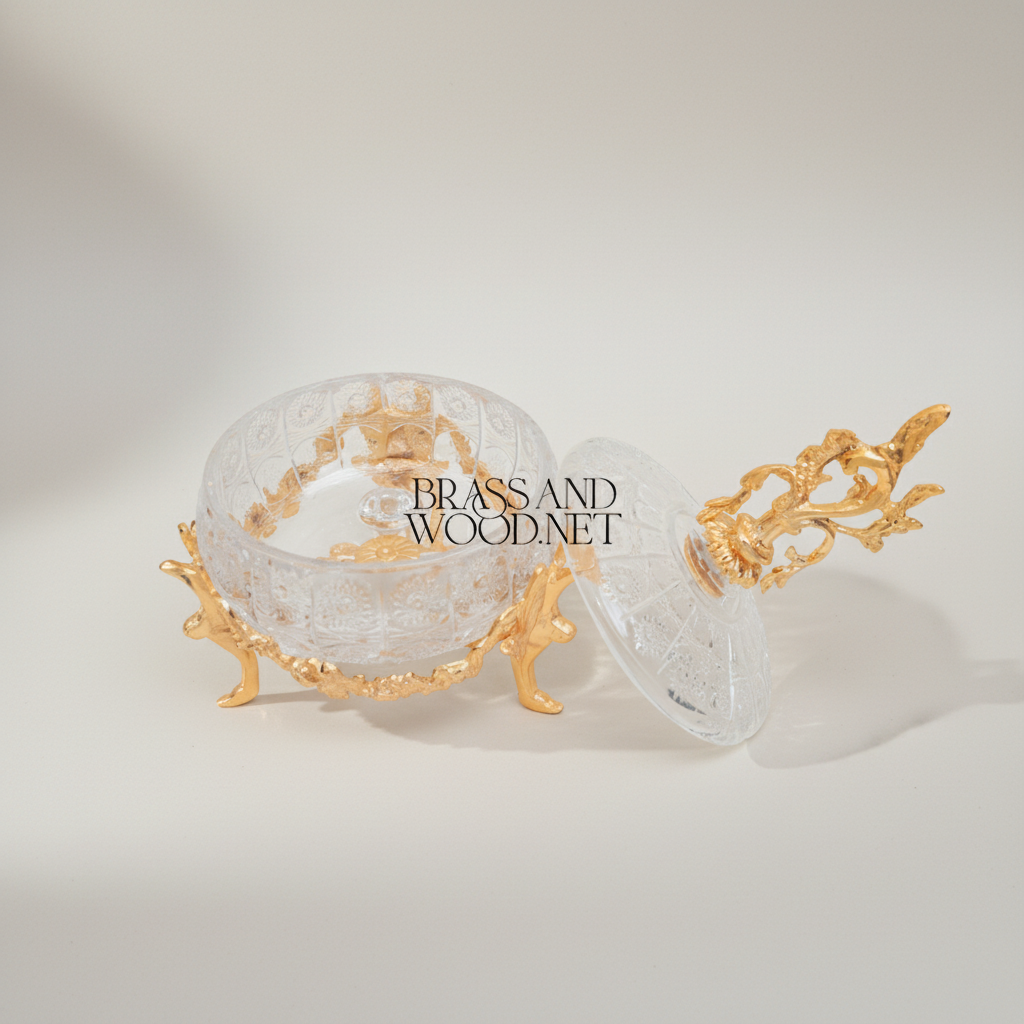 Rococo Crystal Bonbonniere with Brass Acanthus Finial & Scrolled Legs — Gold