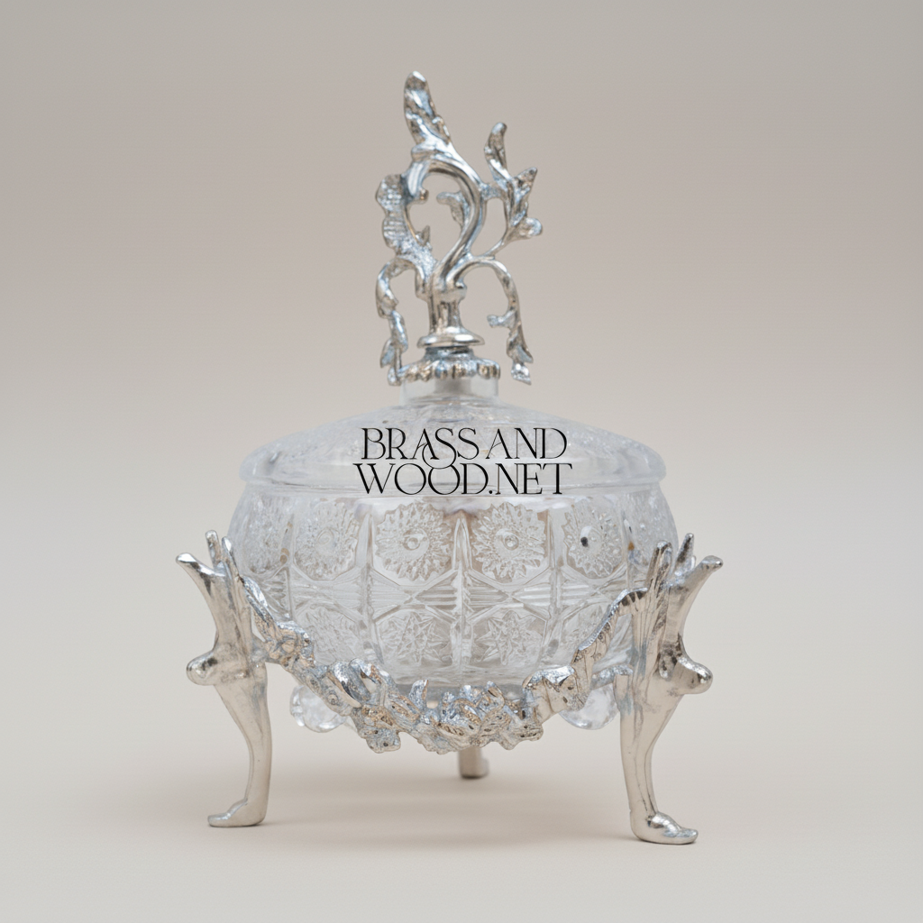 Rococo Crystal Bonbonniere with Brass Acanthus Finial & Scrolled Legs — Silver