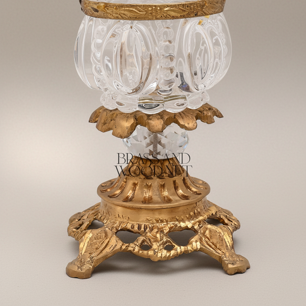 Rococo Crystal Bonbonnière with Floral Brass Handle & Ornate Footed Stand