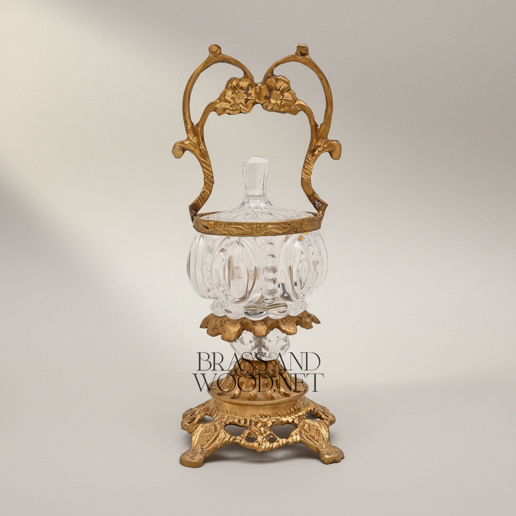 Rococo Crystal Bonbonnière with Floral Brass Handle & Ornate Footed Stand — Antique Gold