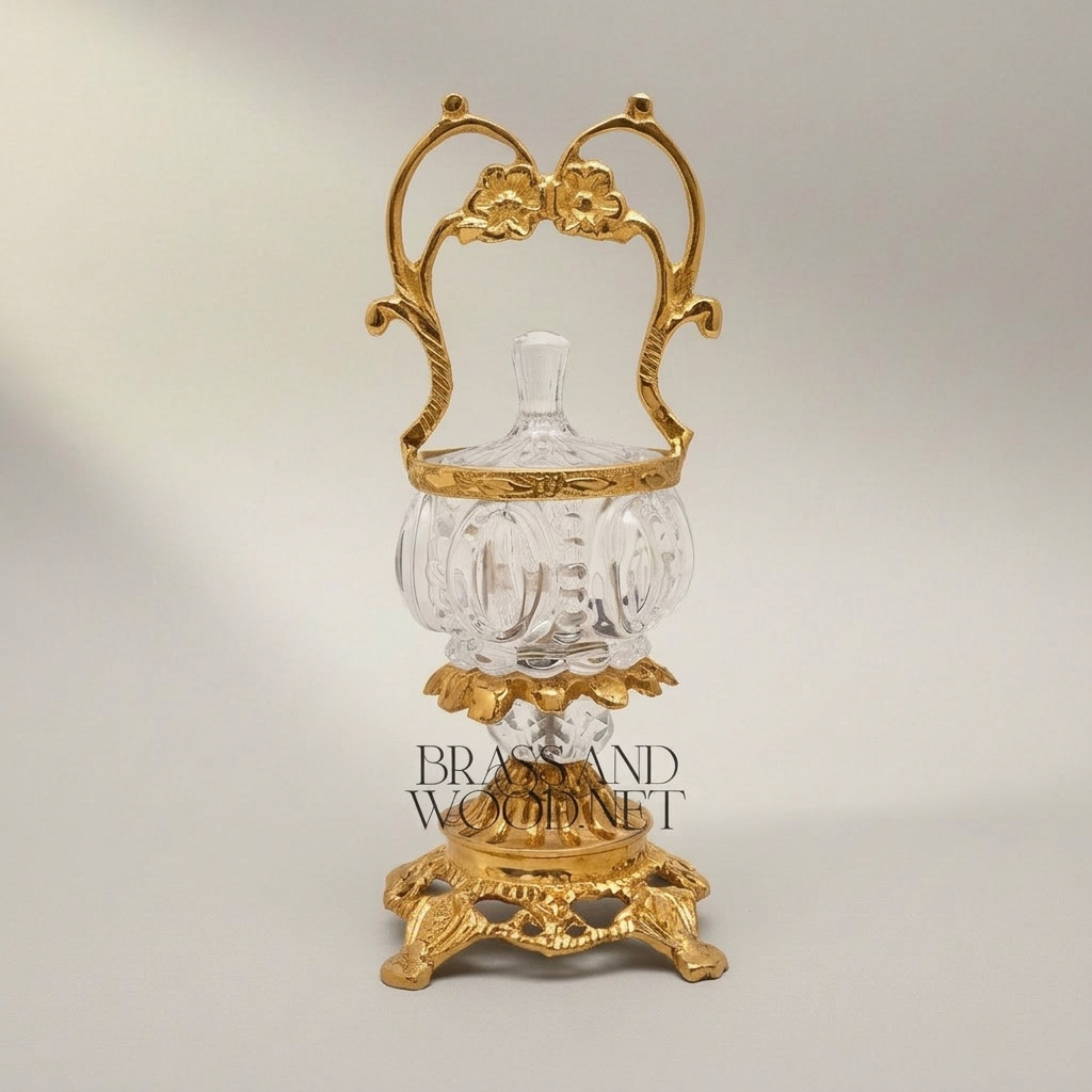 Rococo Crystal Bonbonnière with Floral Brass Handle & Ornate Footed Stand — Gold