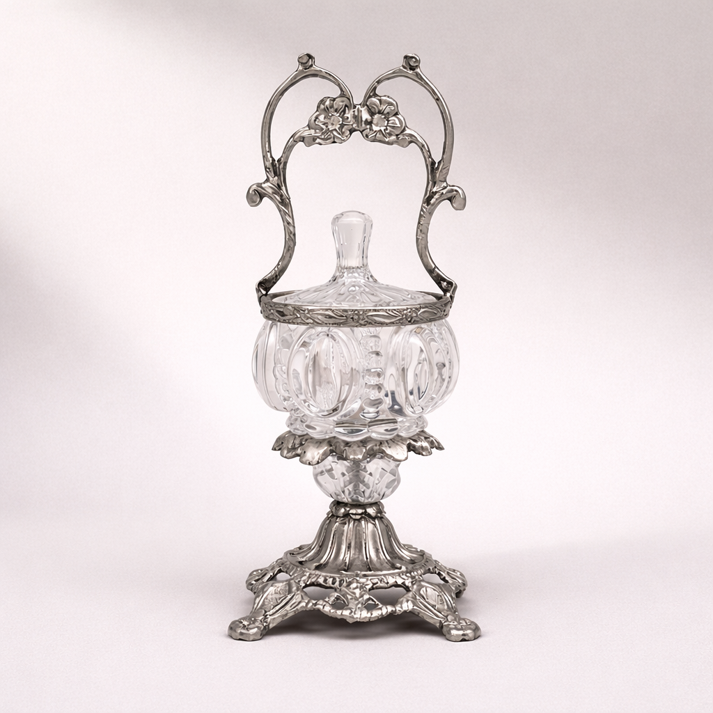 Rococo Crystal Bonbonnière with Floral Brass Handle & Ornate Footed Stand — Silver