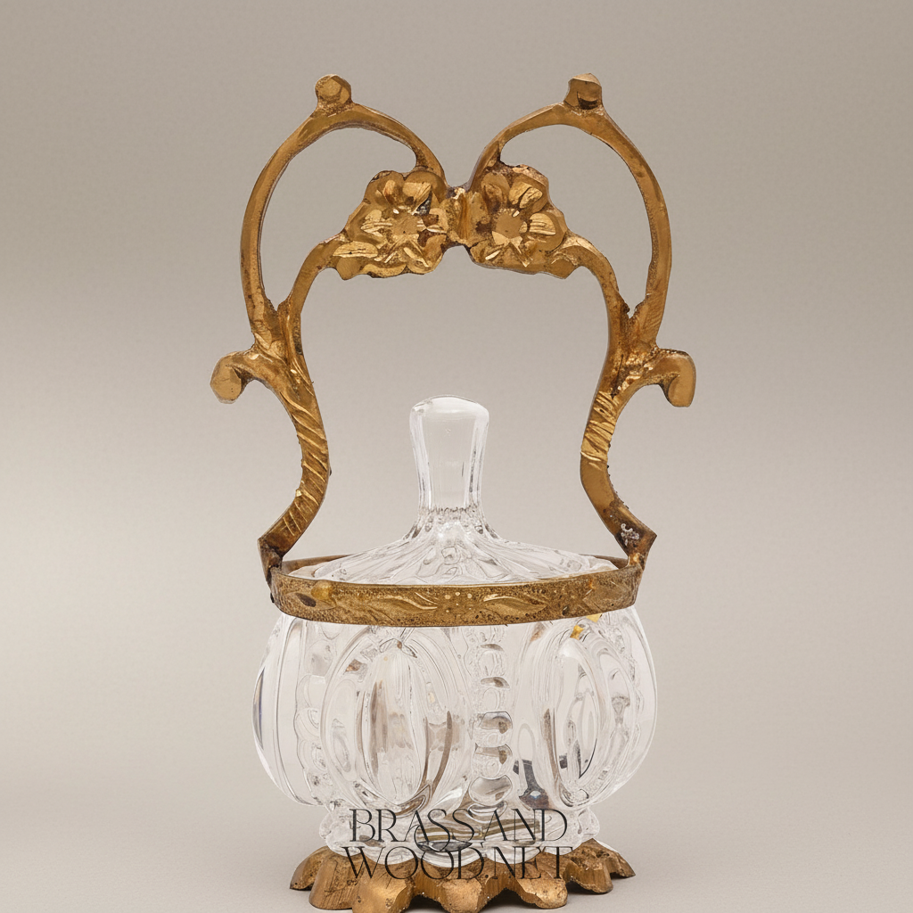 Rococo Crystal Bonbonnière with Floral Brass Handle & Ornate Footed Stand