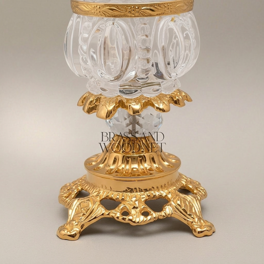 Rococo Crystal Bonbonnière with Floral Brass Handle & Ornate Footed Stand — Gold
