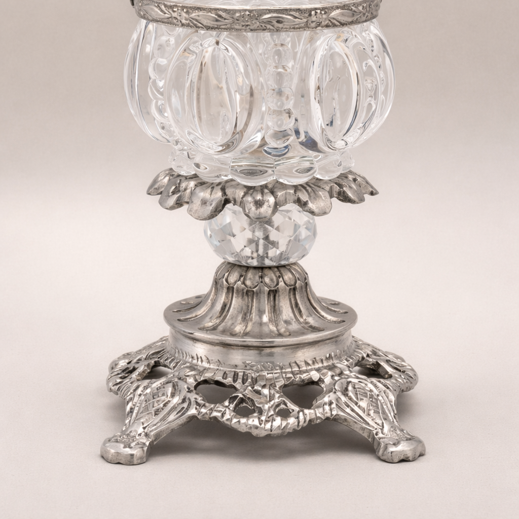 Rococo Crystal Bonbonnière with Floral Brass Handle & Ornate Footed Stand — Silver