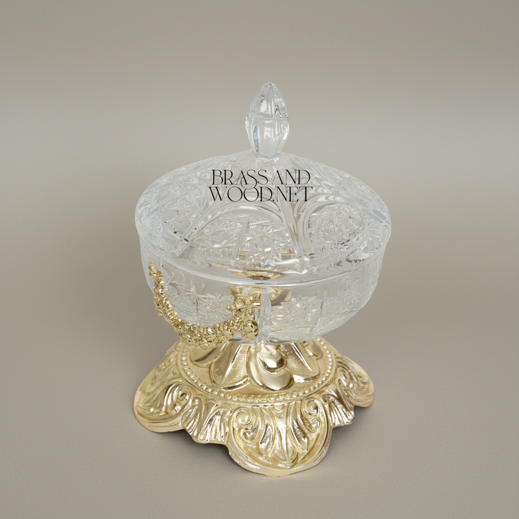 Rococo Crystal Bonbonniere with Ornate Brass Pedestal & Garland Mount — Gold