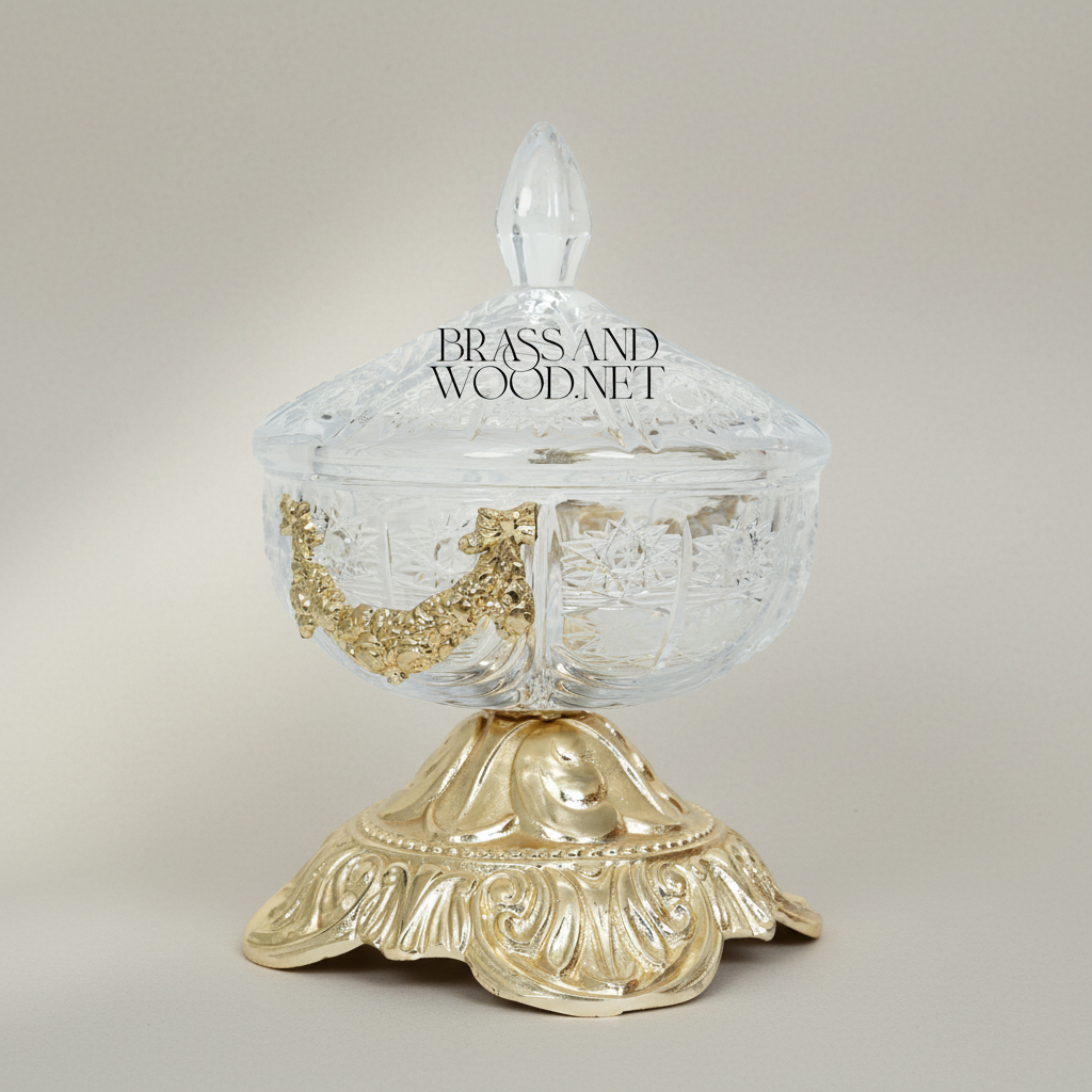 Rococo Crystal Bonbonniere with Ornate Brass Pedestal & Garland Mount — Gold