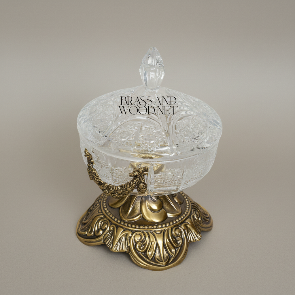 Rococo Crystal Bonbonniere with Ornate Brass Pedestal & Garland Mount