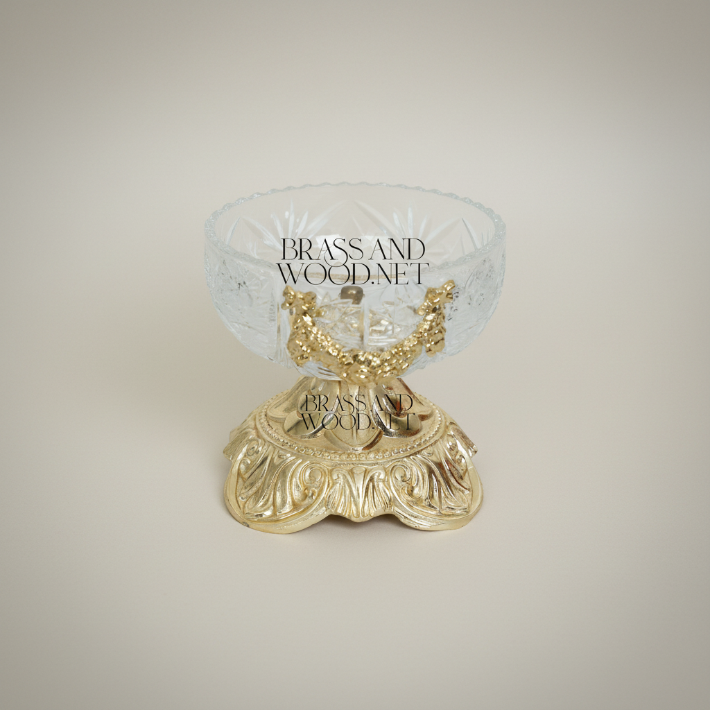 Rococo Crystal Bonbonniere with Ornate Brass Pedestal & Garland Mount — Gold
