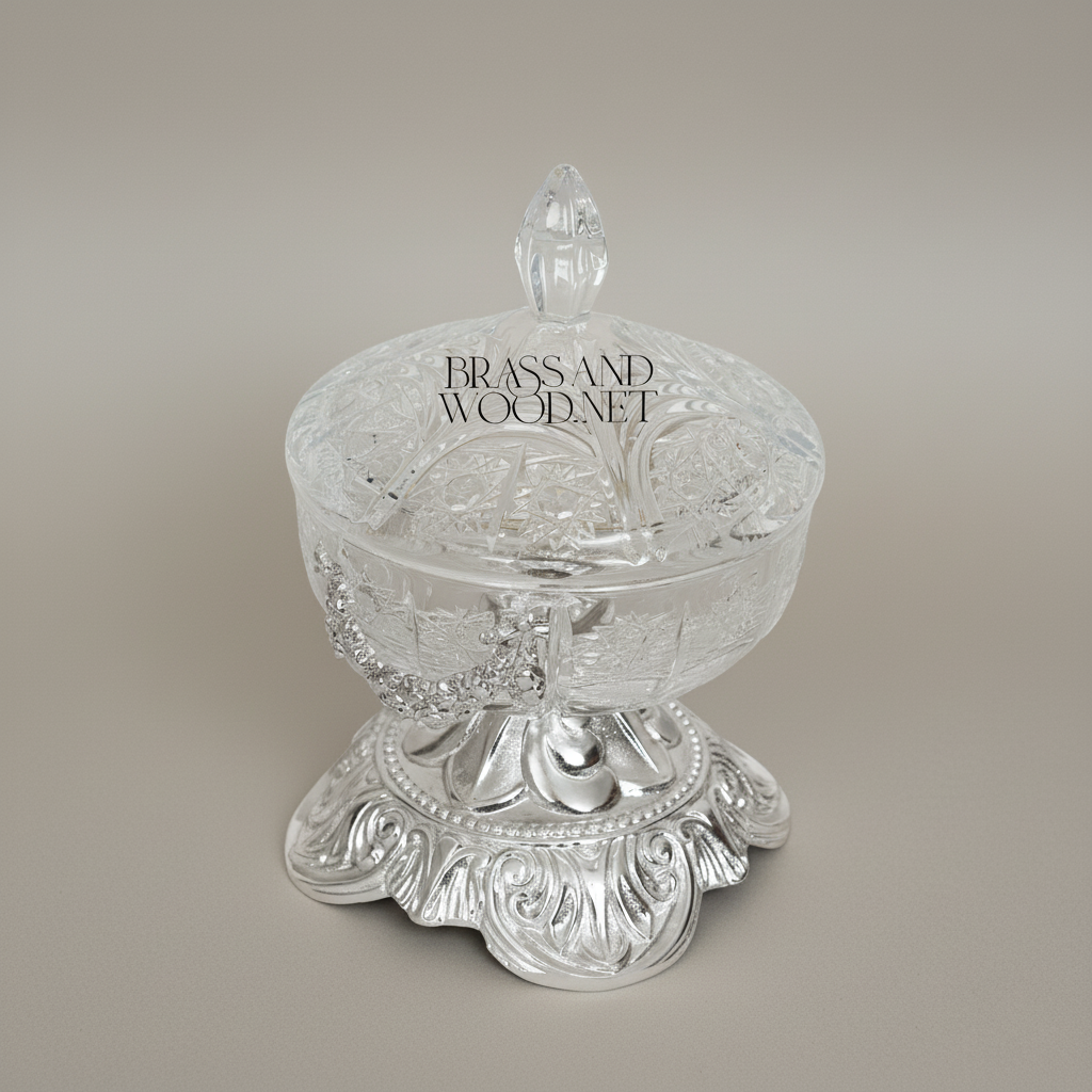 Rococo Crystal Bonbonniere with Ornate Brass Pedestal & Garland Mount — Silver