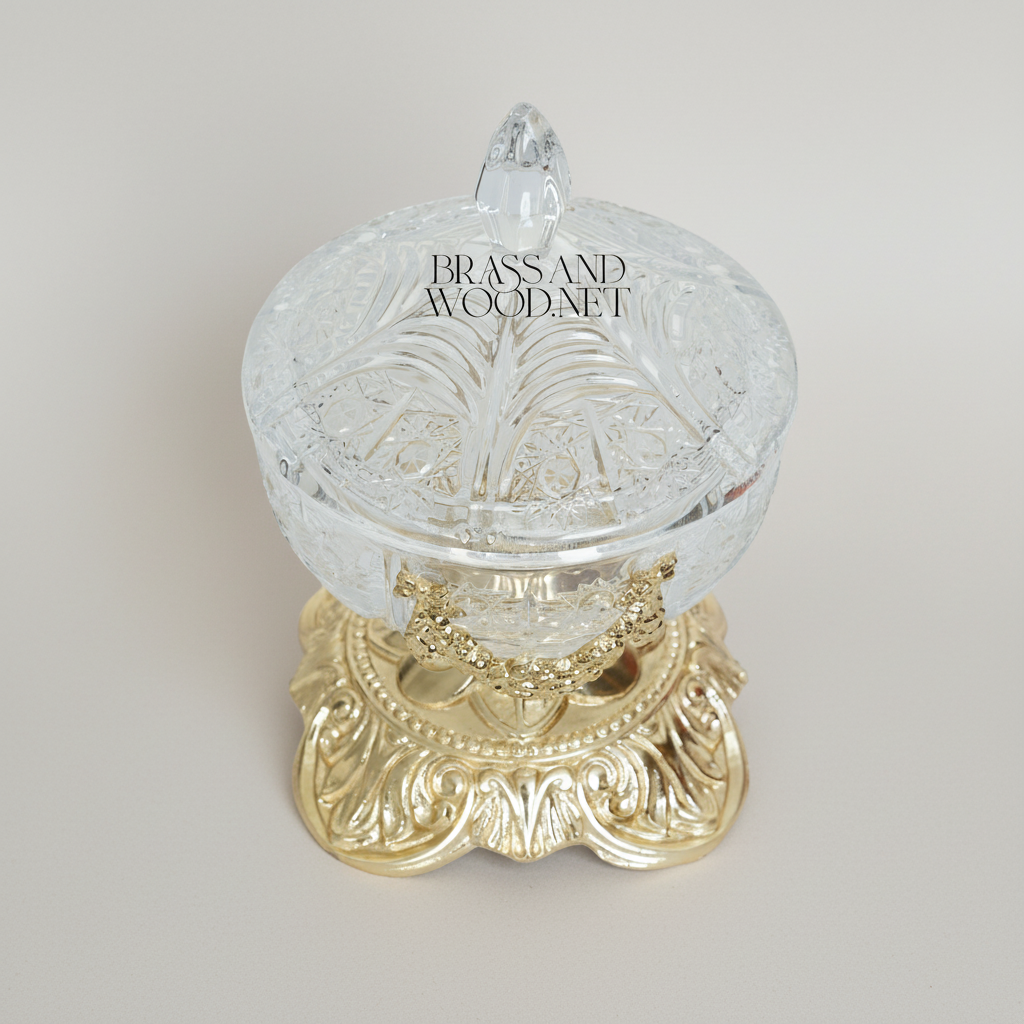 Rococo Crystal Bonbonniere with Ornate Brass Pedestal & Garland Mount — Gold