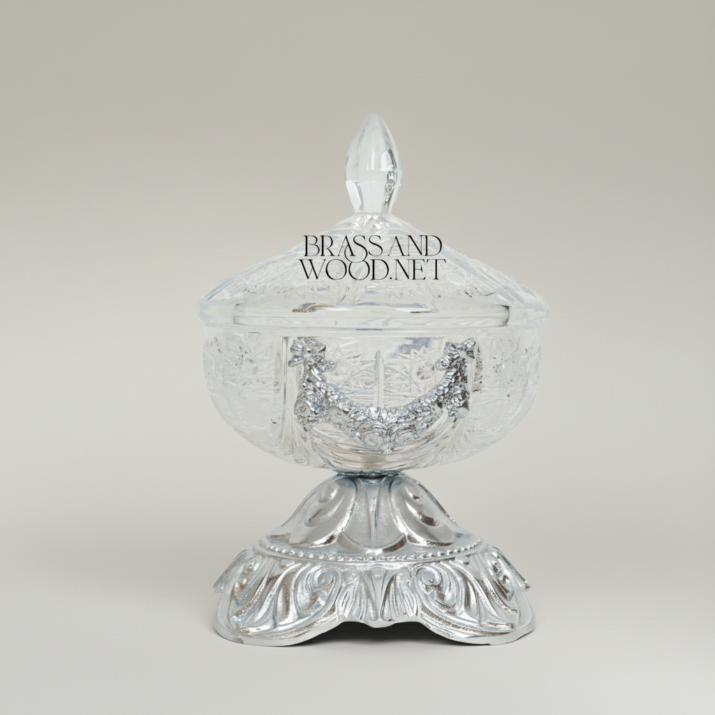 Rococo Crystal Bonbonniere with Ornate Brass Pedestal & Garland Mount — Silver