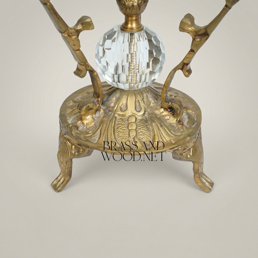 Rococo Crystal Bowl Ashtray on Ornate Brass Pedestal Stand — Antique Gold