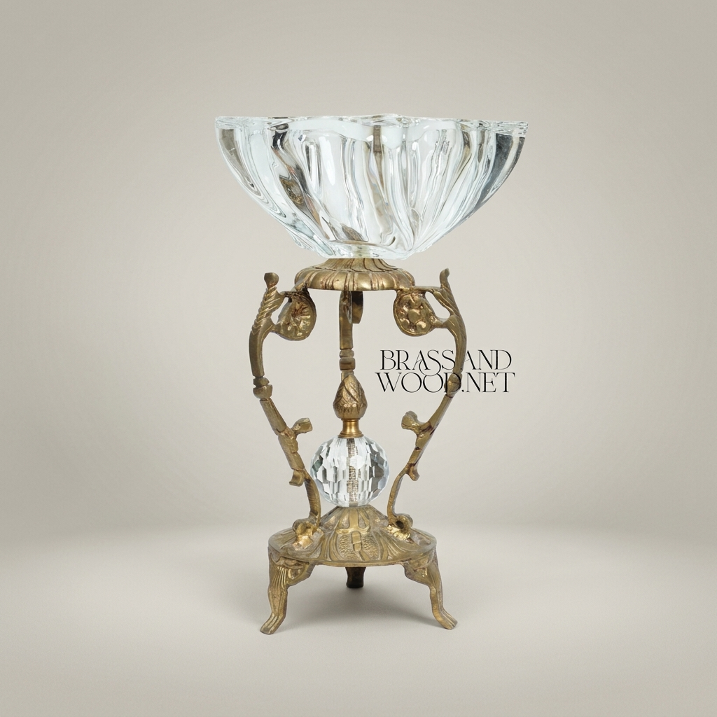 Rococo Crystal Bowl Ashtray on Ornate Brass Pedestal Stand — Antique Gold