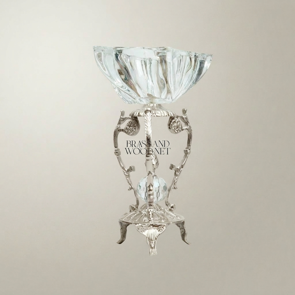 Rococo Crystal Bowl Ashtray on Ornate Brass Pedestal Stand — Silver