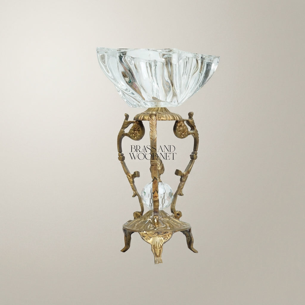 Rococo Crystal Bowl Ashtray on Ornate Brass Pedestal Stand — Antique Gold