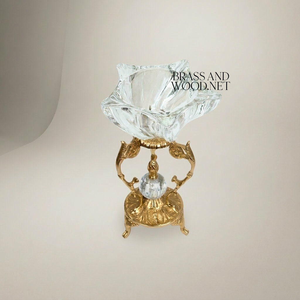 Rococo Crystal Bowl Ashtray on Ornate Brass Pedestal Stand — Gold