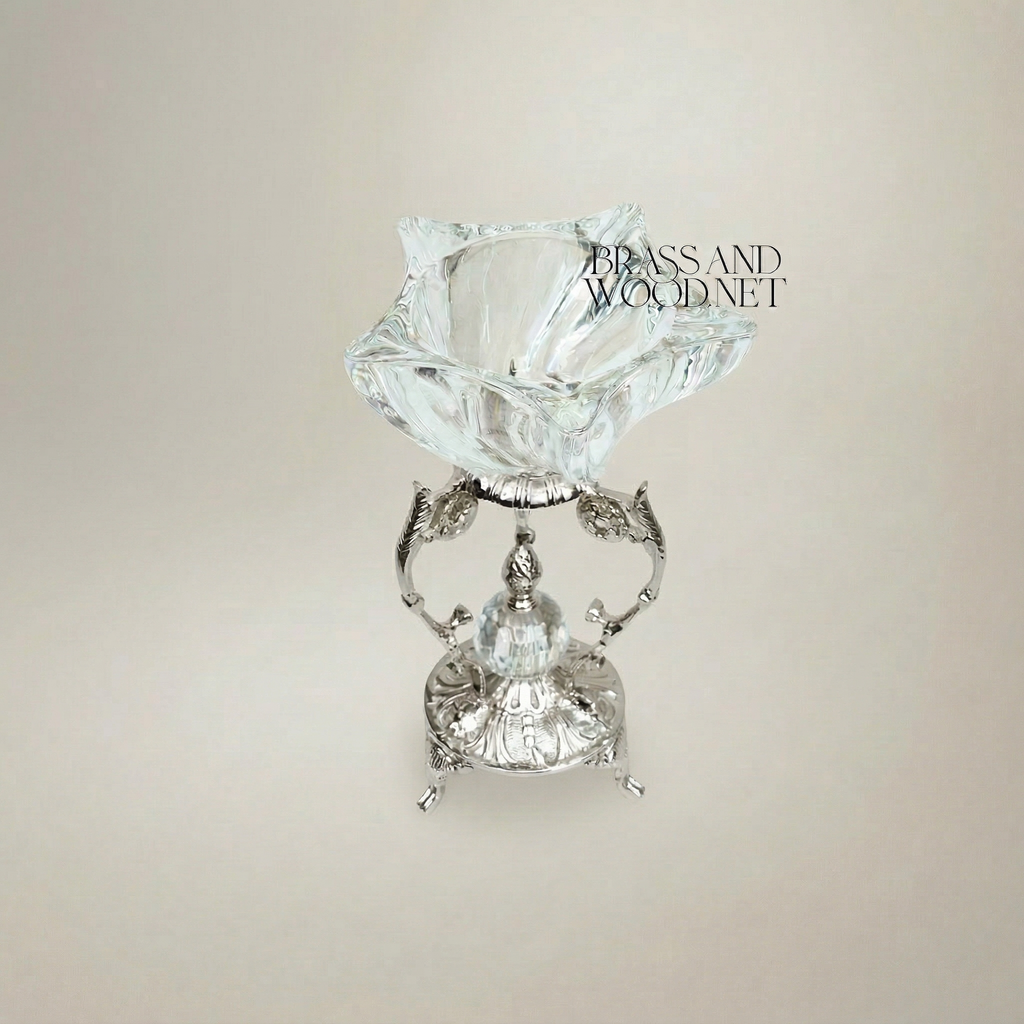 Rococo Crystal Bowl Ashtray on Ornate Brass Pedestal Stand — Silver