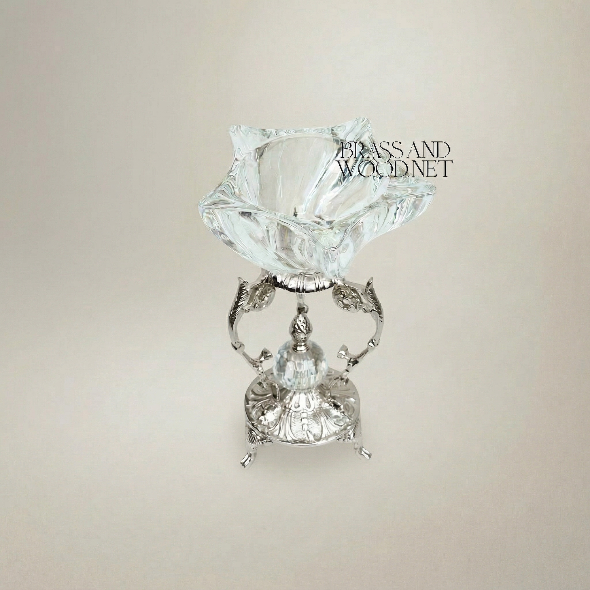 Rococo Crystal Bowl Ashtray on Ornate Brass Pedestal Stand — Silver