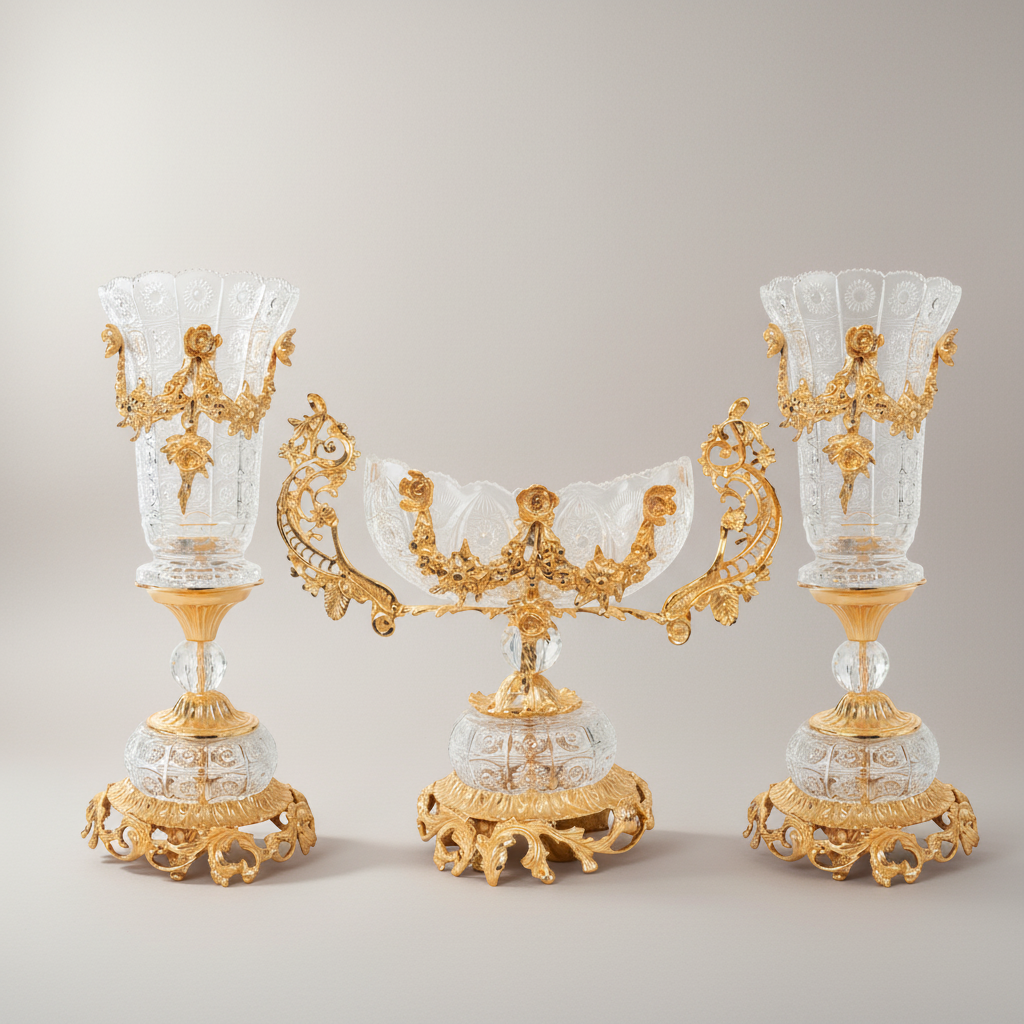 Rococo Crystal & Brass 3-Piece Garniture Set with Scrolled Acanthus Mounts — Gold