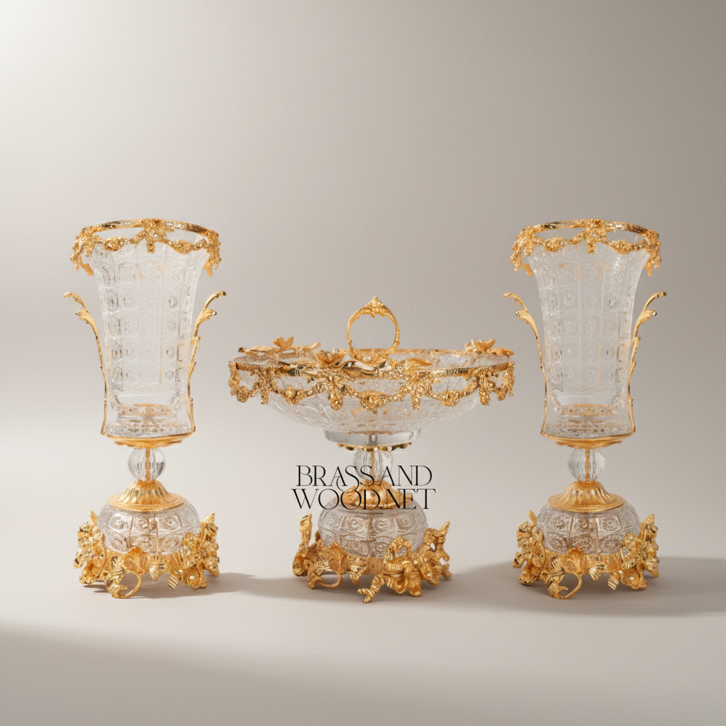 Rococo Crystal & Brass 3-Piece Garniture Set with Flared Trumpet Vases & Footed Centerpiece Bowl