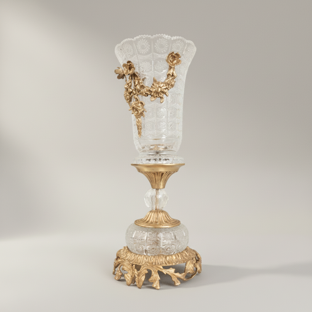 Rococo Crystal & Brass 3-Piece Garniture Set with Scrolled Acanthus Mounts — Antique Gold