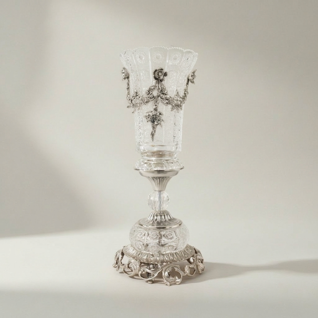 Rococo Crystal & Brass 3-Piece Garniture Set with Scrolled Acanthus Mounts — Silver