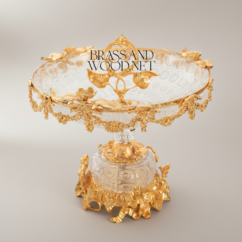 Rococo Crystal & Brass 3-Piece Garniture Set with Flared Trumpet Vases & Footed Centerpiece Bowl
