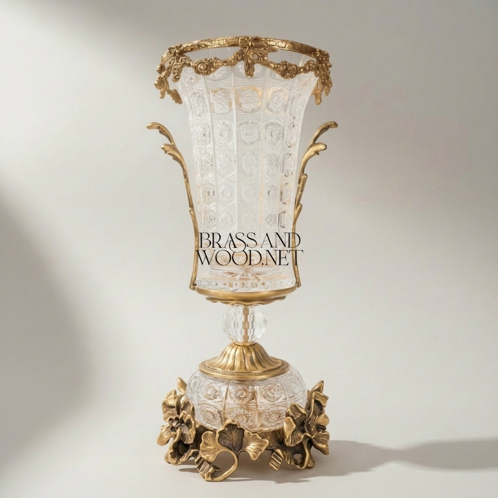Rococo Crystal & Brass 3-Piece Garniture Set with Flared Trumpet Vases & Footed Centerpiece Bowl — Antique Gold