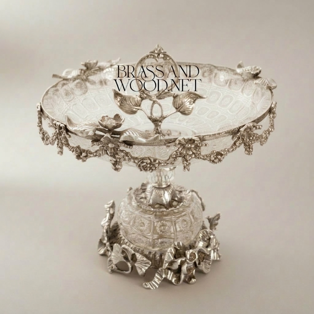 Rococo Crystal & Brass 3-Piece Garniture Set with Flared Trumpet Vases & Footed Centerpiece Bowl — Silver