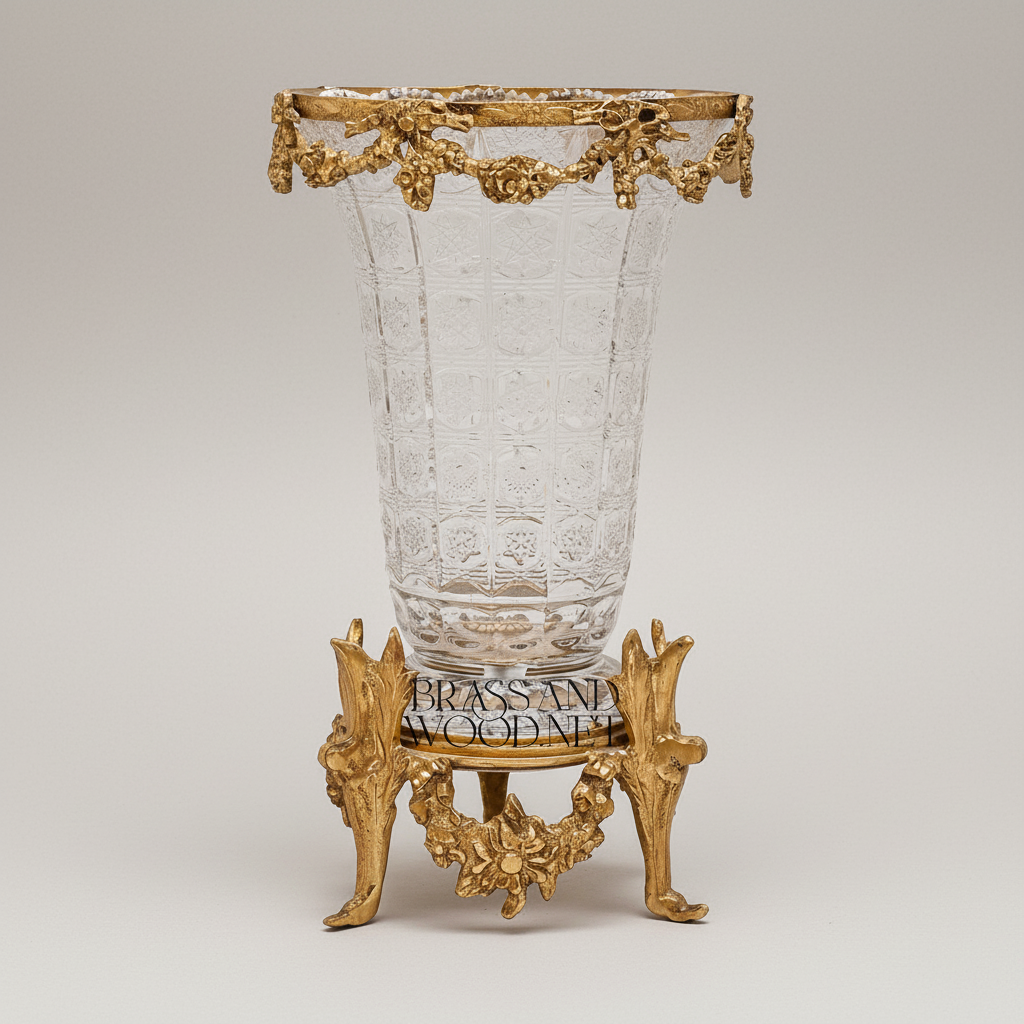 Rococo Crystal & Brass 3-Piece Garniture Set with Floral Swag Centrepiece & Flanking Vases — Antique Gold