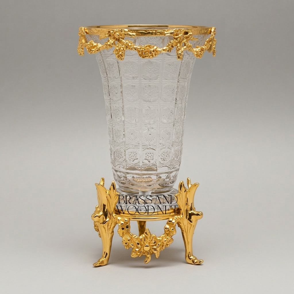 Rococo Crystal & Brass 3-Piece Garniture Set with Floral Swag Centrepiece & Flanking Vases — Gold