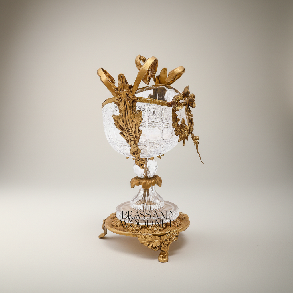 Rococo Crystal & Brass 3-Piece Garniture Set with Floral Swag Centrepiece & Flanking Vases — Antique Gold