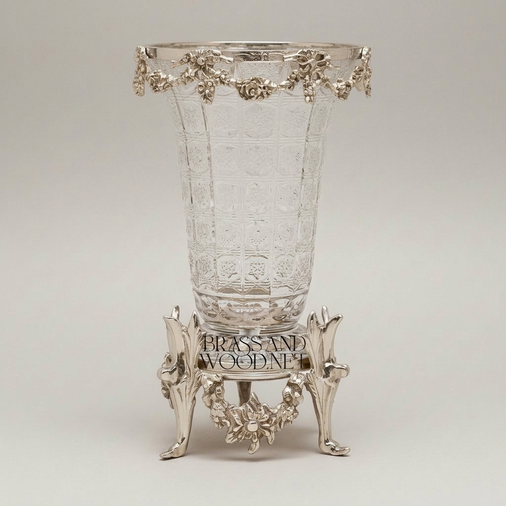 Rococo Crystal & Brass 3-Piece Garniture Set with Floral Swag Centrepiece & Flanking Vases — Silver