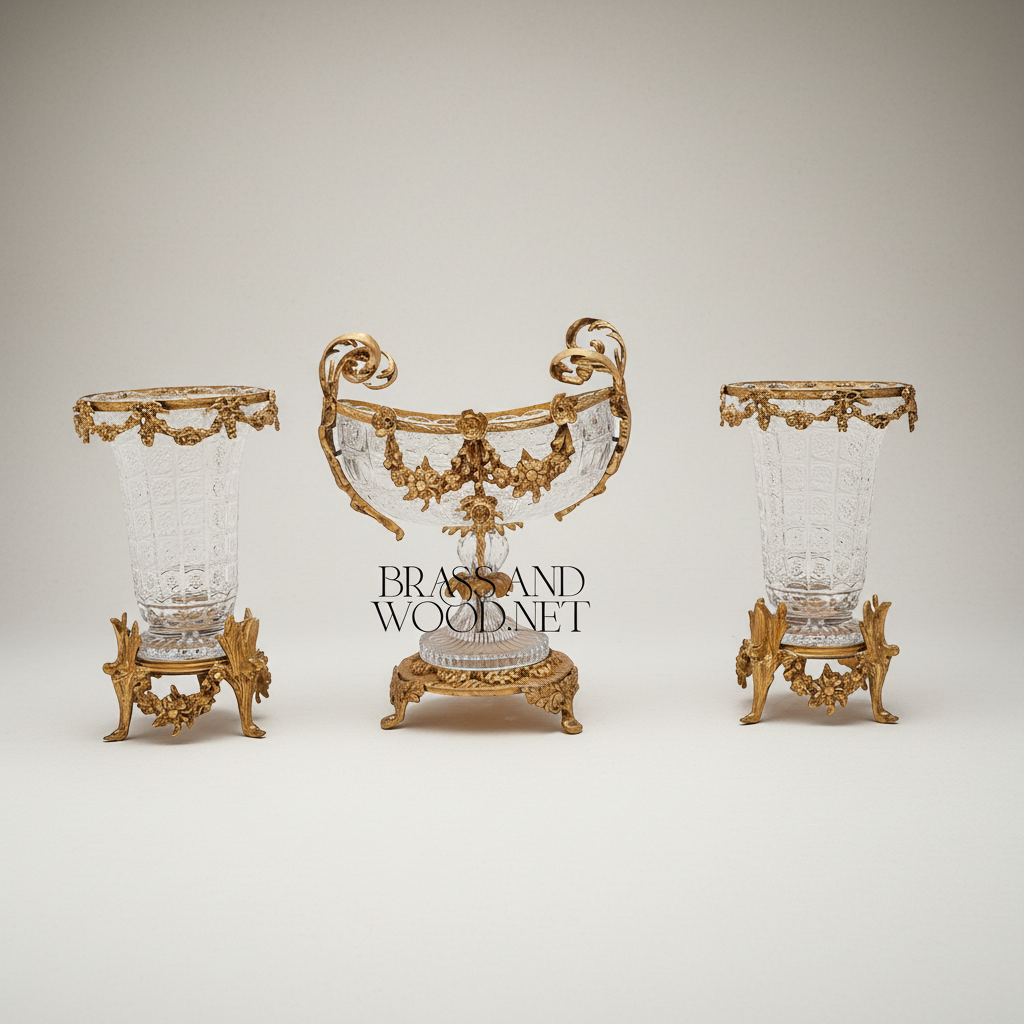 Rococo Crystal & Brass 3-Piece Garniture Set with Floral Swag Centrepiece & Flanking Vases — Antique Gold