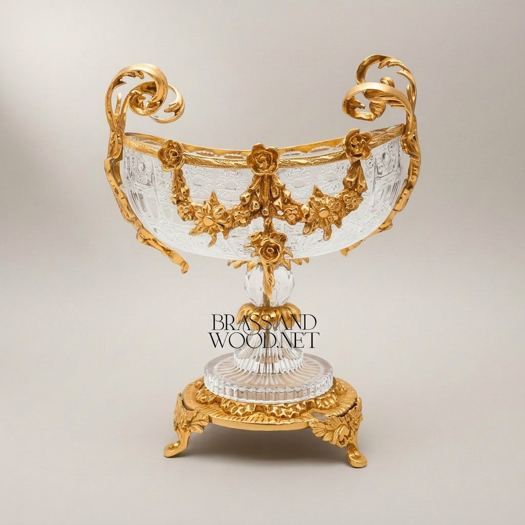 Rococo Crystal & Brass 3-Piece Garniture Set with Floral Swag Centrepiece & Flanking Vases — Gold