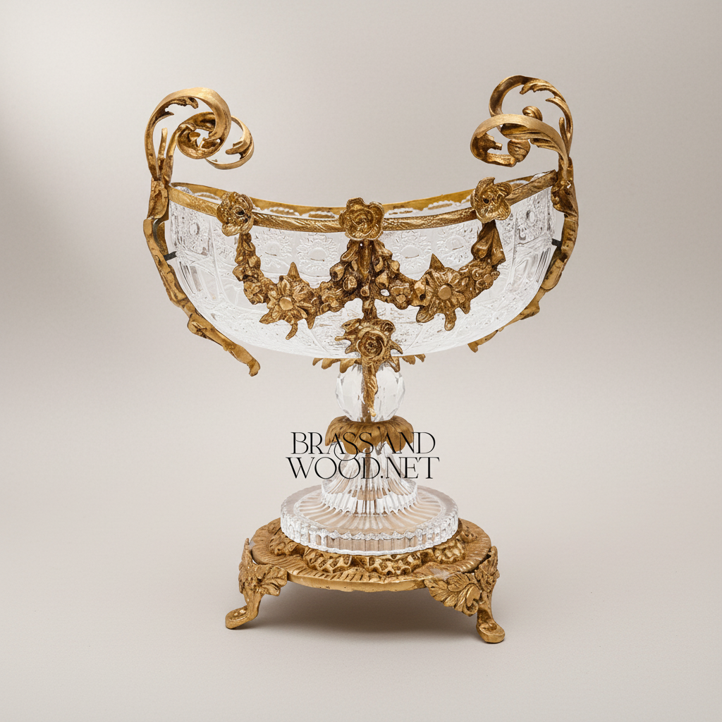 Rococo Crystal & Brass 3-Piece Garniture Set with Floral Swag Centrepiece & Flanking Vases — Antique Gold