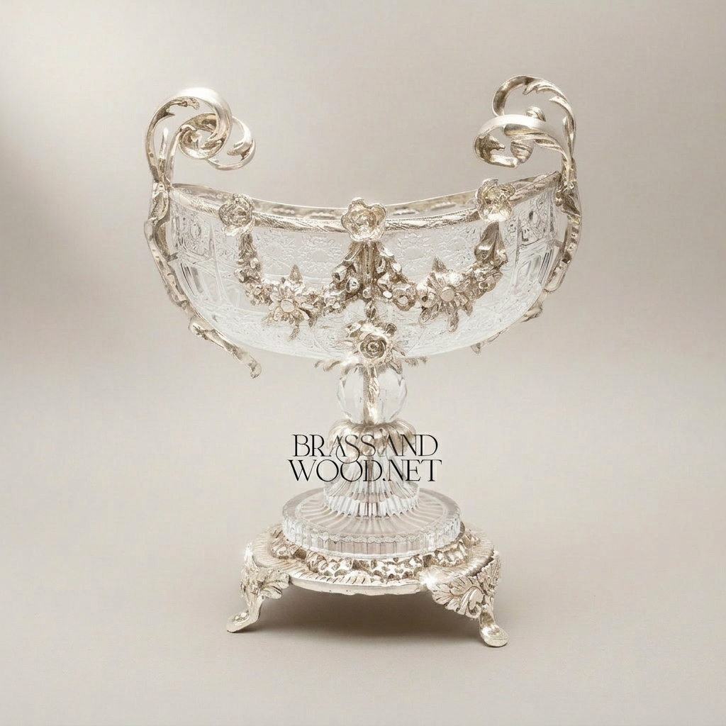 Rococo Crystal & Brass 3-Piece Garniture Set with Floral Swag Centrepiece & Flanking Vases — Silver