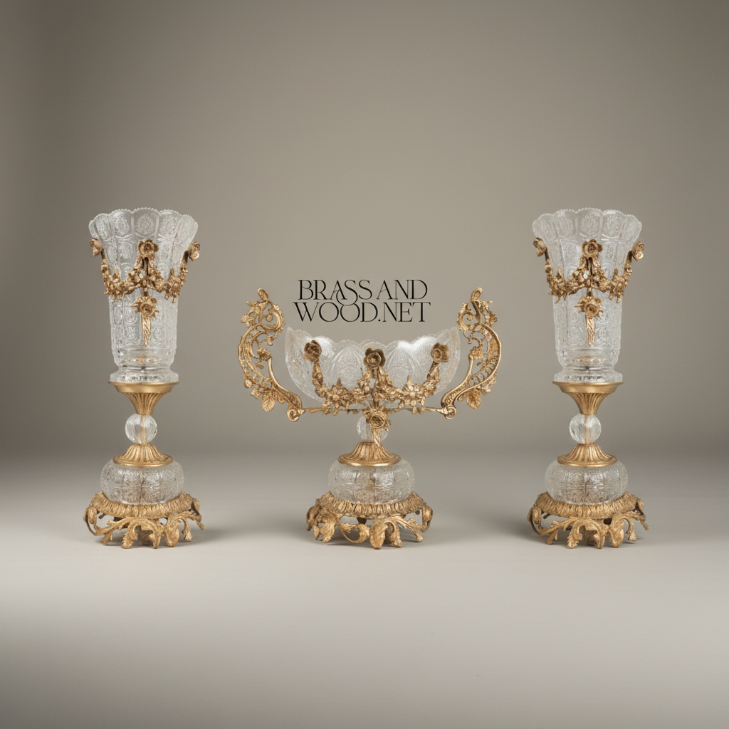 Rococo Crystal & Brass 3-Piece Garniture Set with Scrolled Acanthus Mounts — Antique Gold