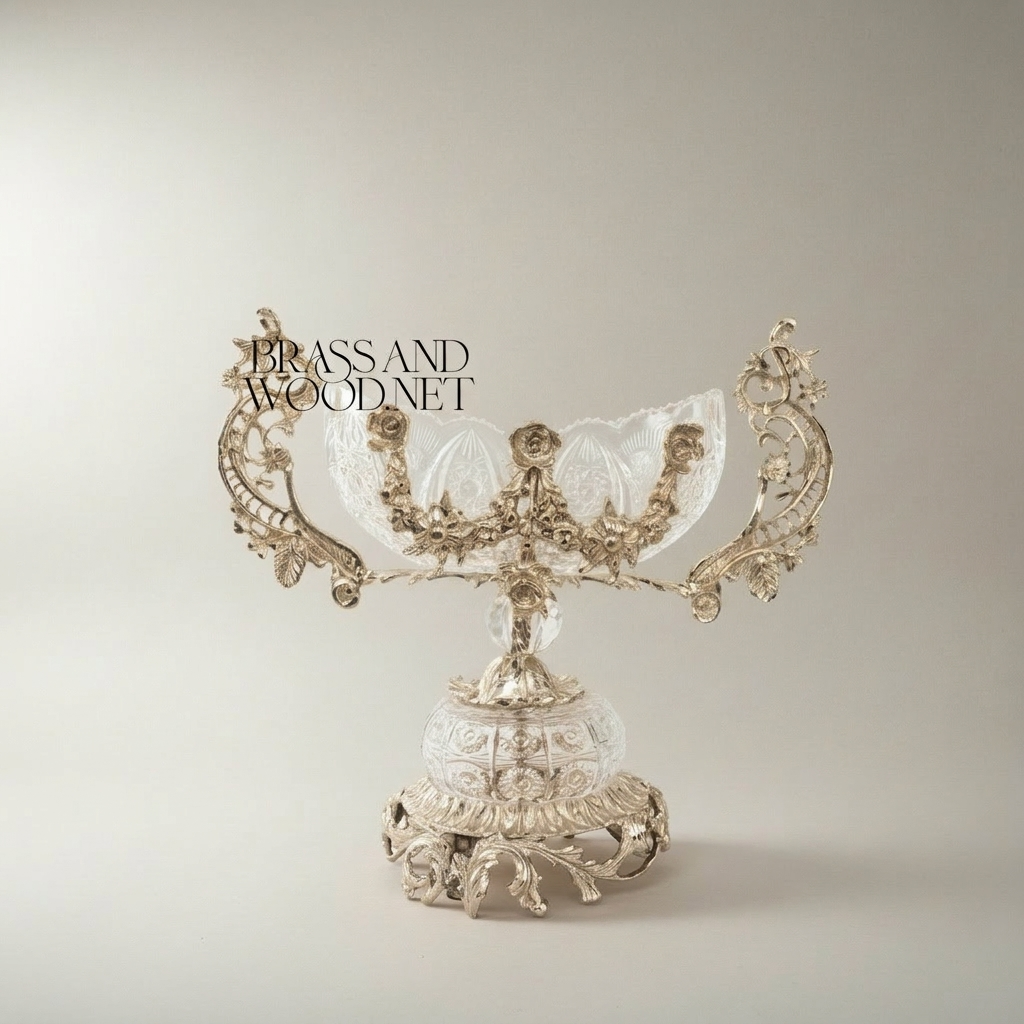 Rococo Crystal & Brass 3-Piece Garniture Set with Scrolled Acanthus Mounts — Silver
