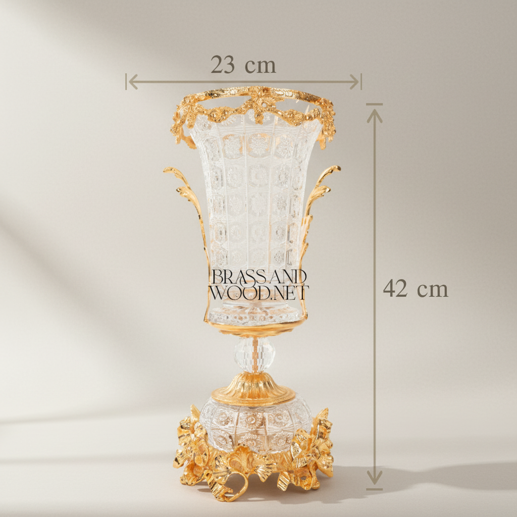 Rococo Crystal & Brass 3-Piece Garniture Set with Flared Trumpet Vases & Footed Centerpiece Bowl — Gold