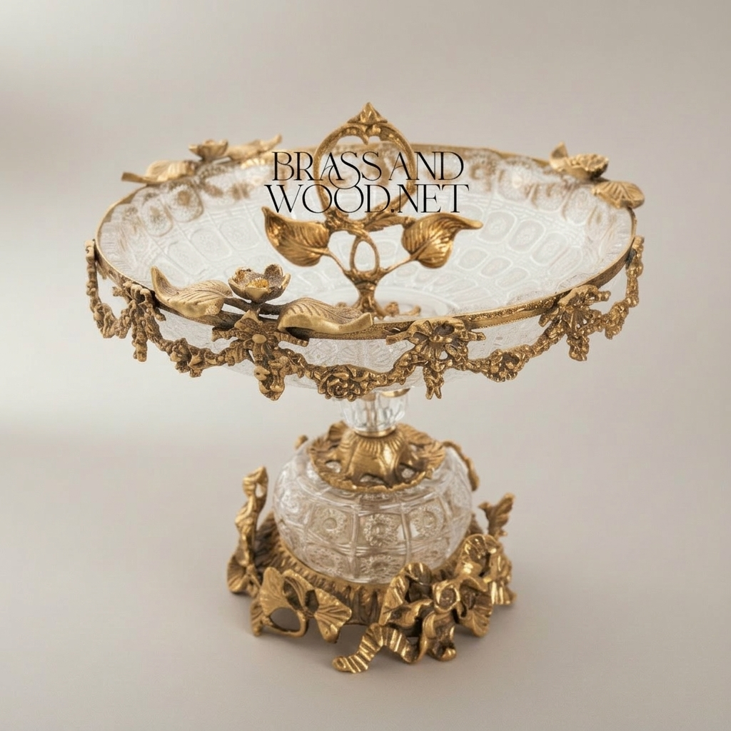Rococo Crystal & Brass 3-Piece Garniture Set with Flared Trumpet Vases & Footed Centerpiece Bowl — Antique Gold