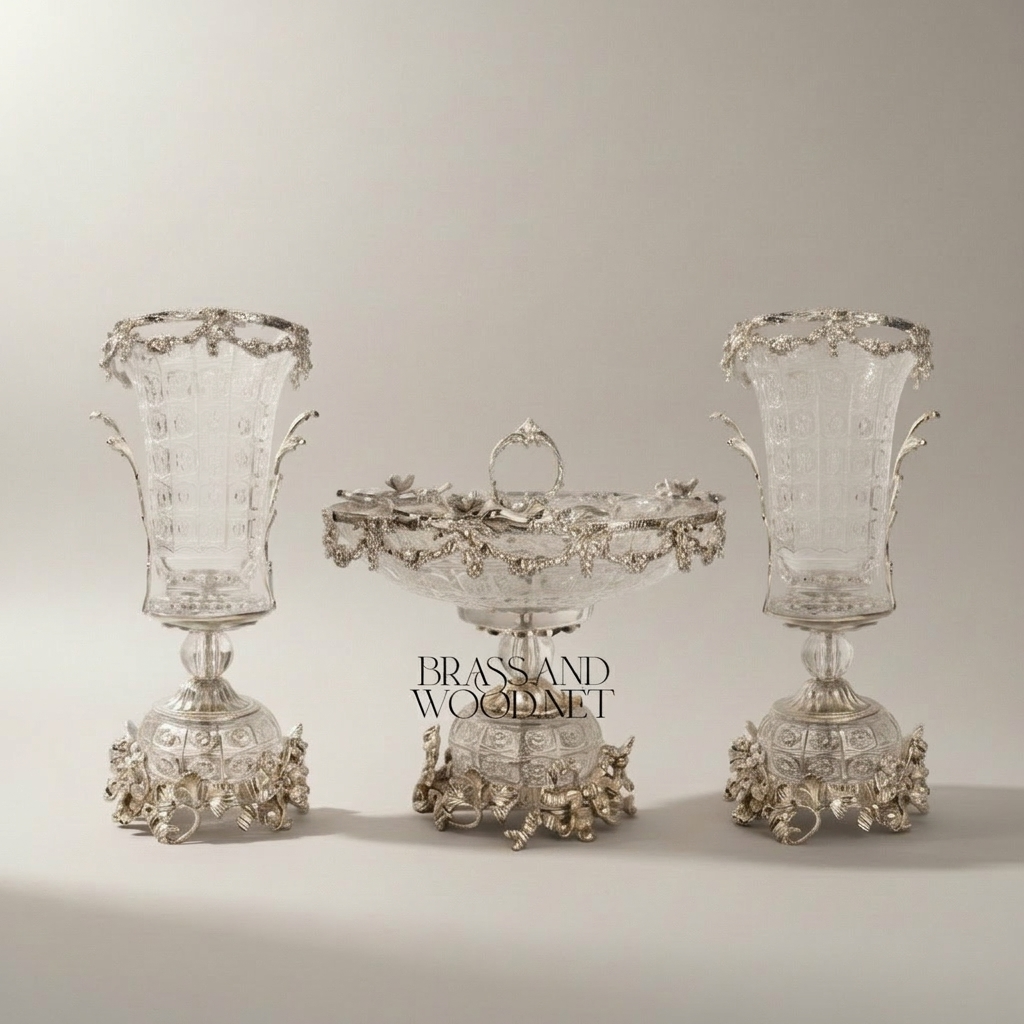 Rococo Crystal & Brass 3-Piece Garniture Set with Flared Trumpet Vases & Footed Centerpiece Bowl — Silver