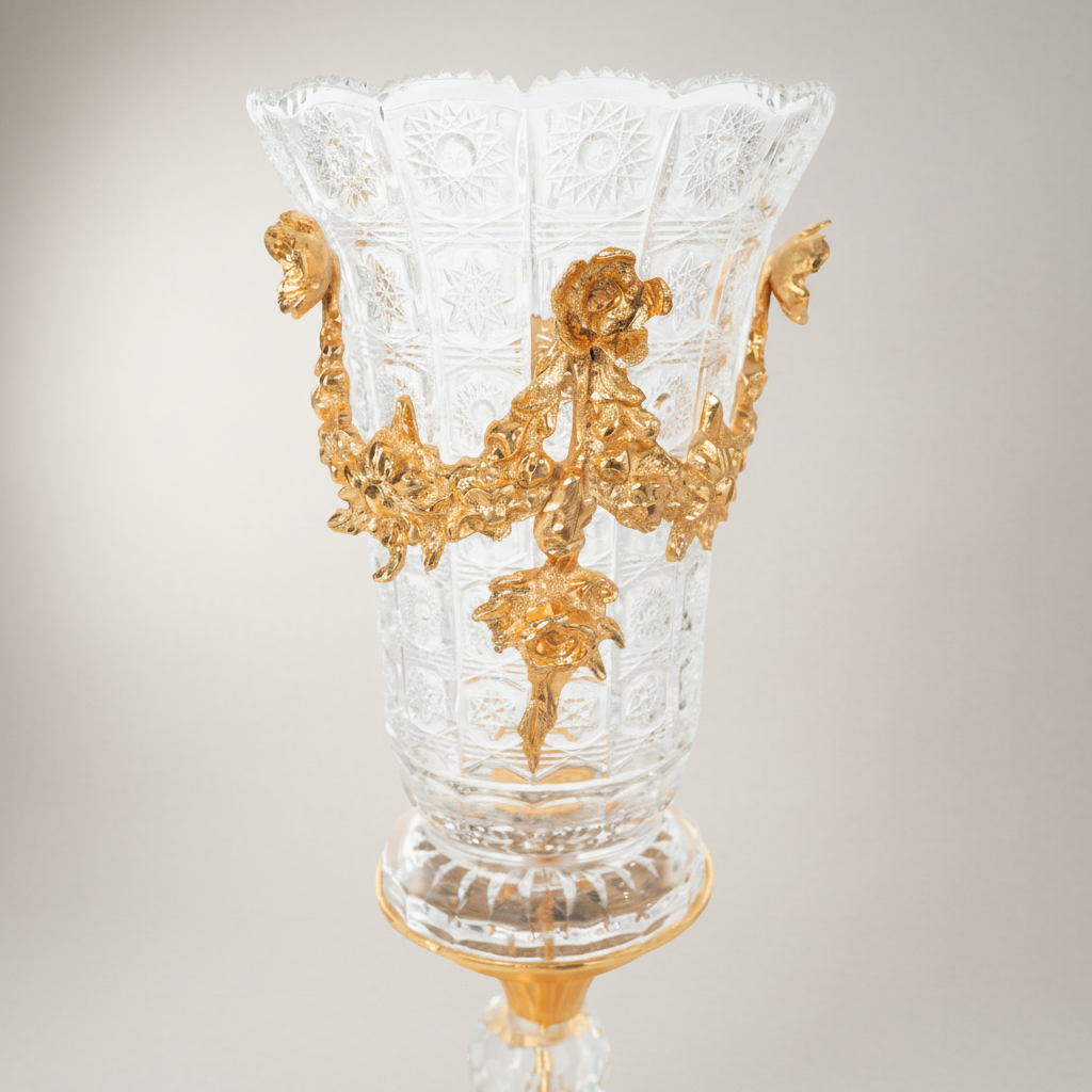 Rococo Crystal & Brass 3-Piece Garniture Set with Scrolled Acanthus Mounts