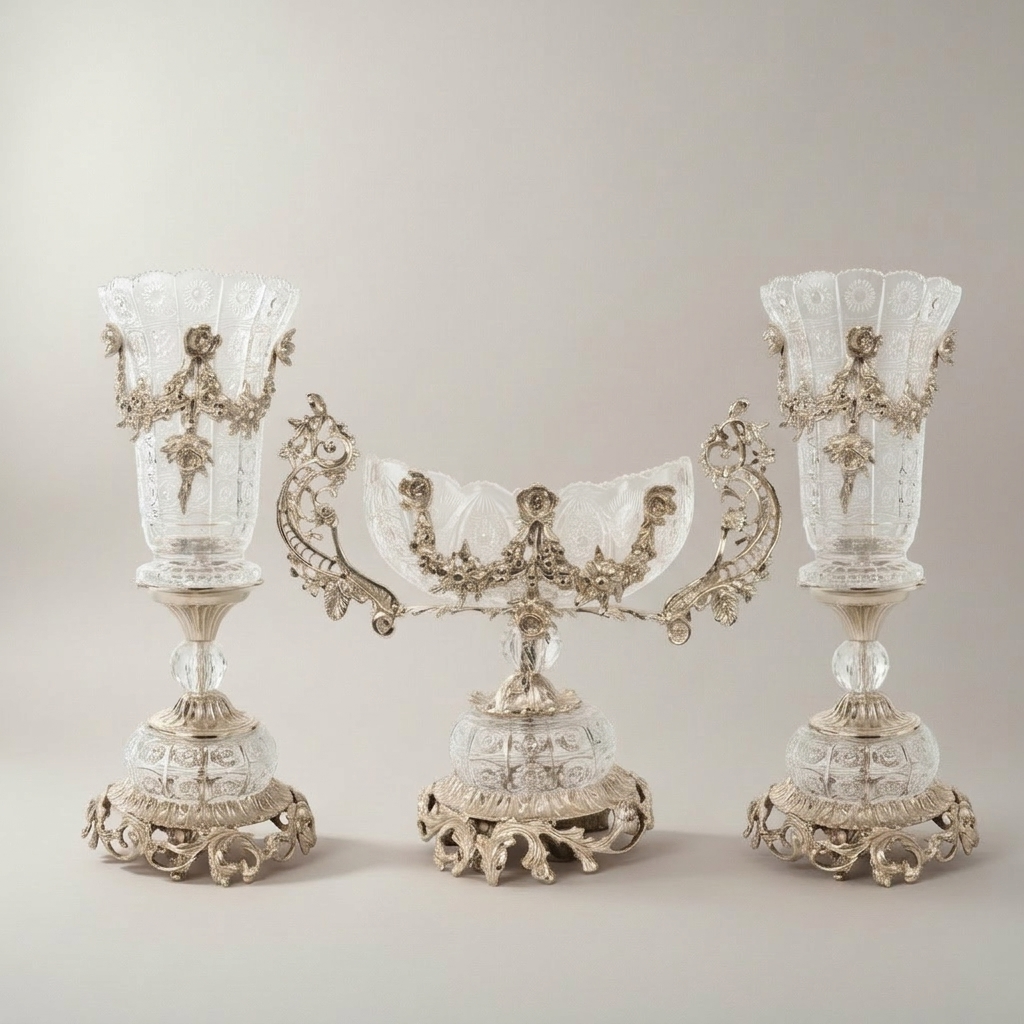 Rococo Crystal & Brass 3-Piece Garniture Set with Scrolled Acanthus Mounts — Silver