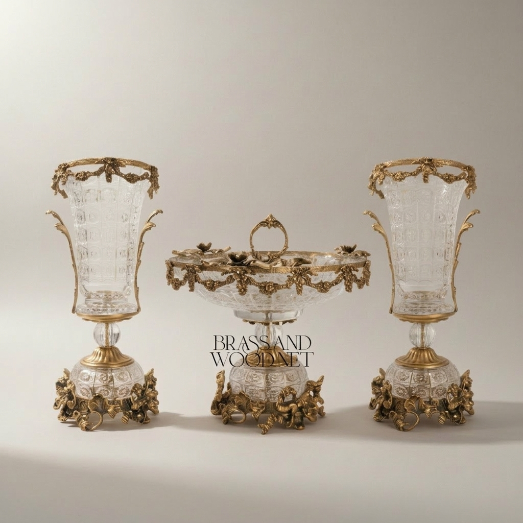 Rococo Crystal & Brass 3-Piece Garniture Set with Flared Trumpet Vases & Footed Centerpiece Bowl — Antique Gold