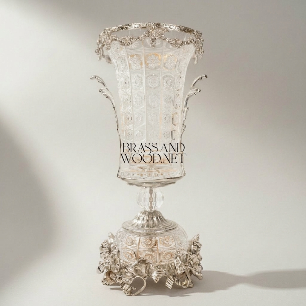 Rococo Crystal & Brass 3-Piece Garniture Set with Flared Trumpet Vases & Footed Centerpiece Bowl — Silver