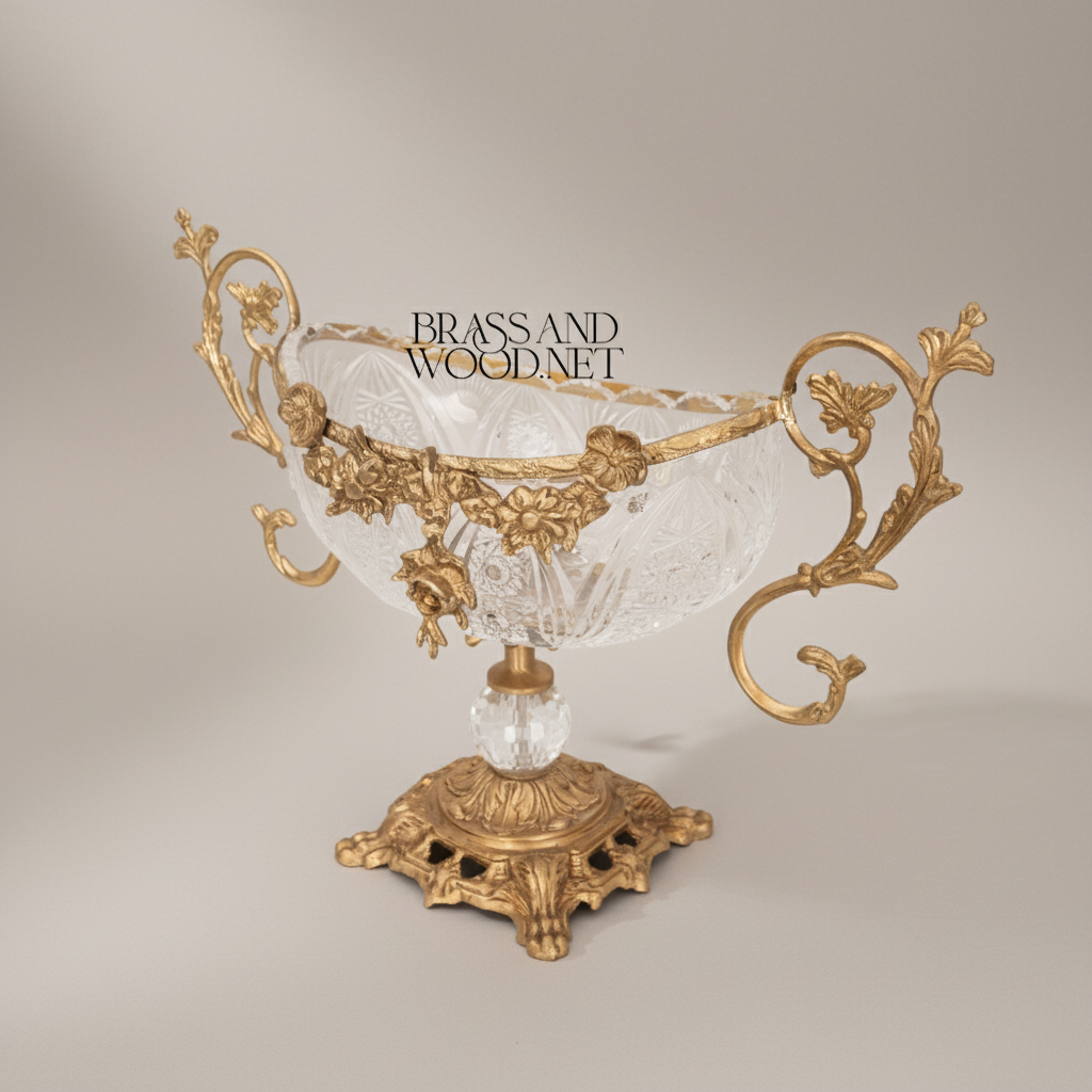 Rococo Crystal & Brass 3-Piece Vase & Centerpiece Garniture Set with Floral Scroll Mounts — Antique Gold